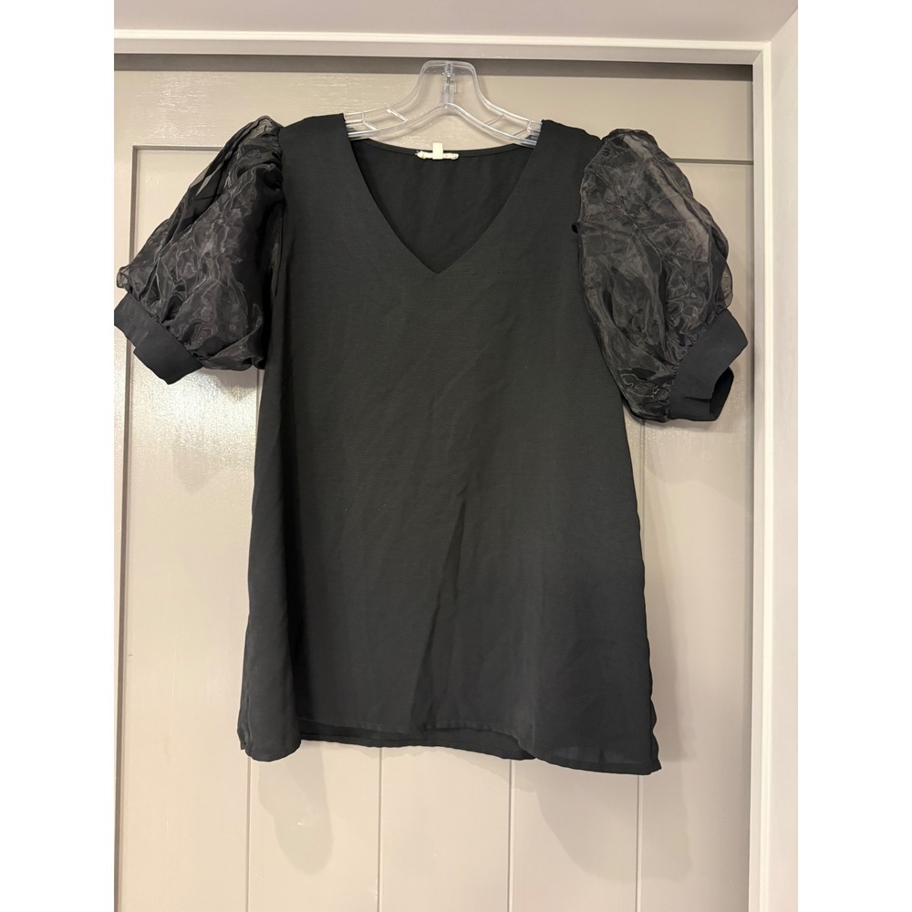 Jodifl Black V-Neck Puff Sheer Organza Sleeve Top Small